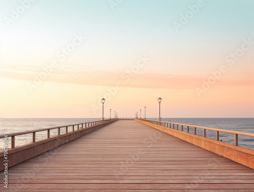Wooden Pier With Lamp Post, Coastal Scene, Sunny Day, Calm Waters. Sunrise. © keystoker