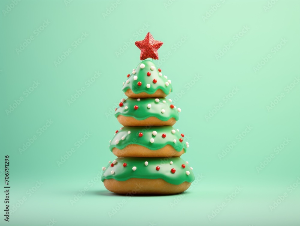 A festive Christmas tree made entirely of delicious doughnuts, displayed against a vibrant pink background.