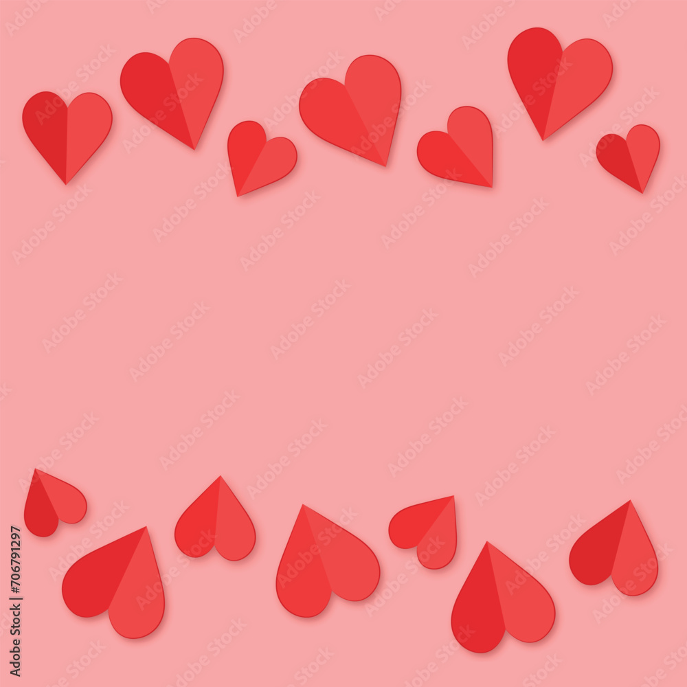 Vector beautiful card template design with red hearts in paper cut style on a pink background for Valentines day holiday of Wedding. Holiday hearts decoration