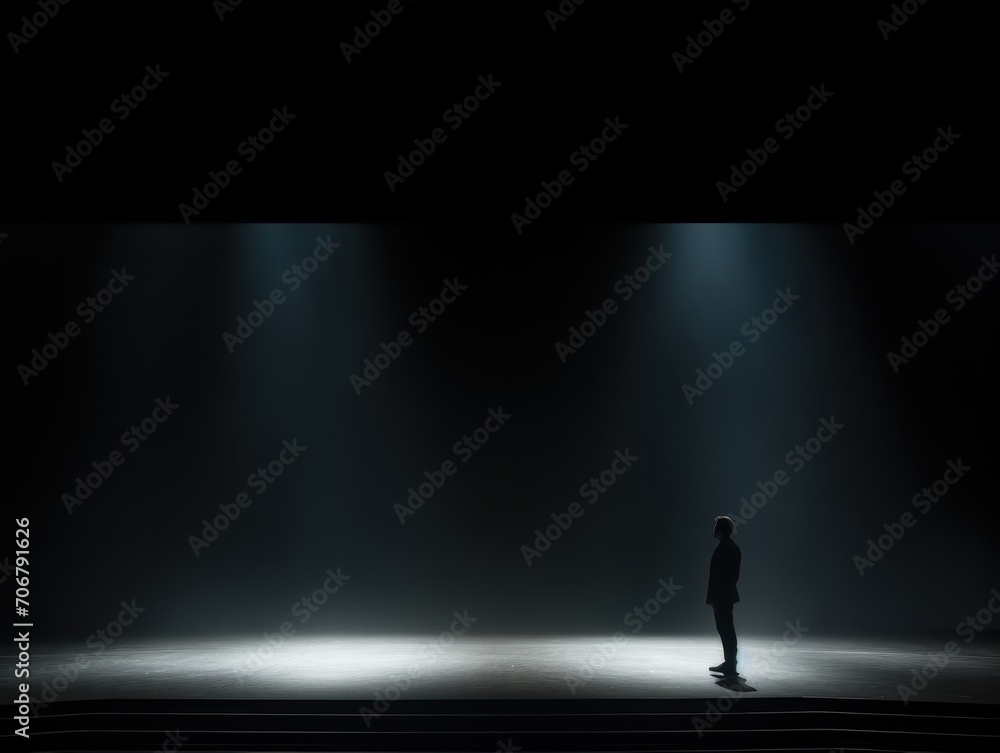 A lone figure stands on a dimly lit stage, illuminated only by a single spotlight. Copy space.