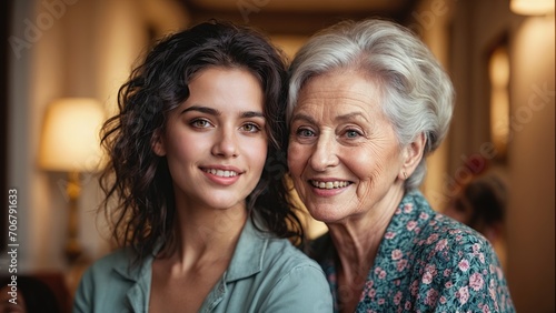 A young woman and an elderly woman pose together for a picture