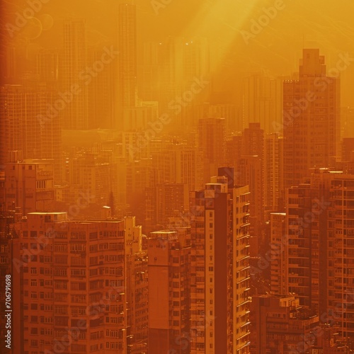 A cityscape illustrating the urban heat island effect  captured during a hot day to emphasize temperature variations in urban areas  convey the challenges of heat-related issues.