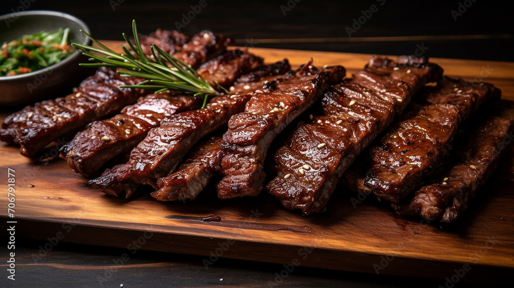 close up of la galbi or kalbi flatlay on wooden table close up of la galbi or kalbi flatlay on wooden table