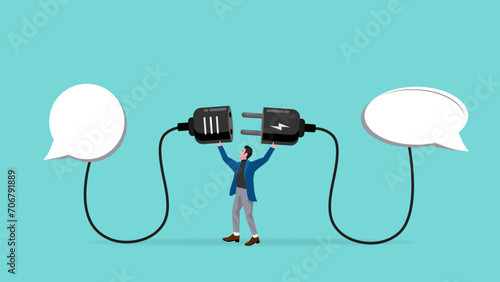 man connect plug with bubble chat to bubble chat concept vector illustration with flat style design, social dialogue, discussion connection idea, speech bubble chat goal discuss, communication talk