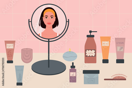 A girl stands in front of a mirror in the bathroom. Daily beauty routine in front of the mirror at home. Face and body care. Flat vector illustration, EPS 10. photo