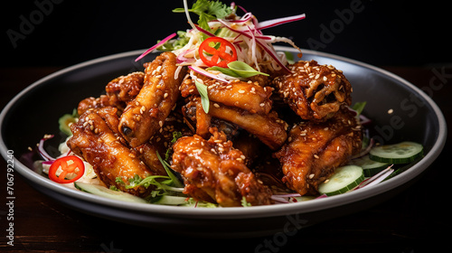 delicious crispy fried korean chicken wings in galbi sauce on dark background