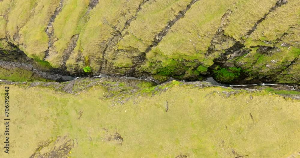 Aerial Top Upward Shot Of Water Flowing In Stream On Green Cliff - Langasandur, Faroe Islands Aerial Top Upward Shot Of Water Flowing In Stream On Green Cliff - Langasandur, Faroe Islands