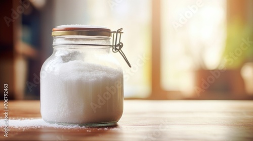 Closeup of a glass jar filled with homemade laundry detergent powder. photo