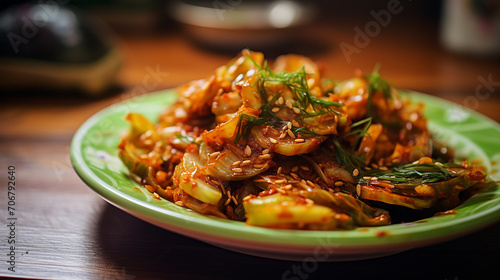 green onion kimchi korean food on green plate photo