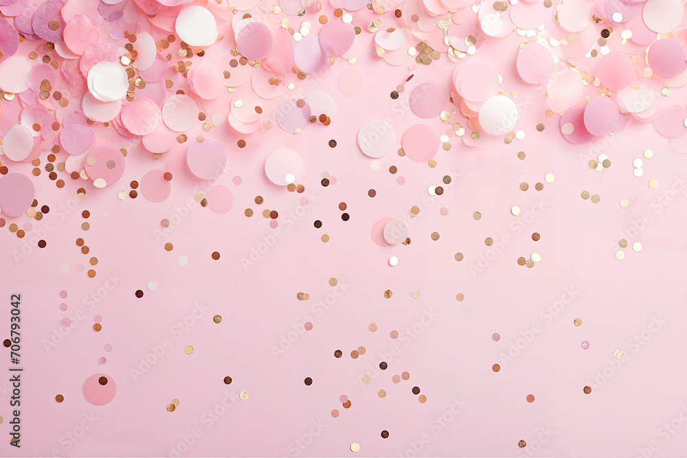 A joyful celebration captured in a light background with pink and gold confetti scattered across a soft pink backdrop, ideal for festive occasions and cheerful designs.