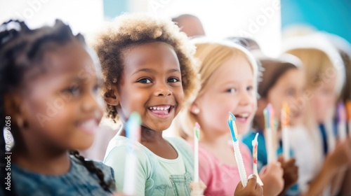 Vászonkép Closeup of a group of children receiving dental hygiene education at a schoolbased health fair