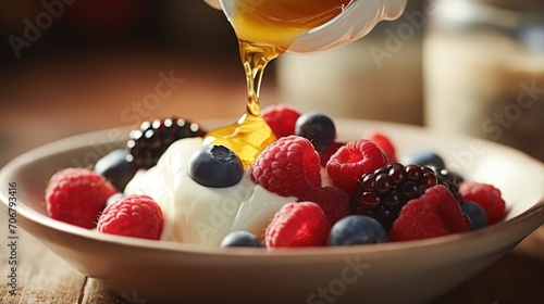 Extreme closeup of a teas of honey being drizzled over a bowl of plain yogurt and fresh berries.