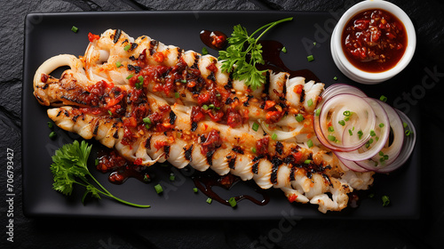 korean bbq squid calamary and ingredients on dark background