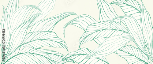 Tropical art background with leaves of exotic plants in line art style. Vector botanical banner for decoration, print, textile, wallpaper, interior design, poster. #706793432