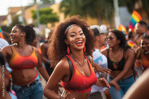 Vibrante día de fiesta. Una joven resplandece entre la multitud en las calles de Panamá.