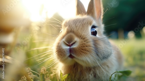 Closeup of a rabbits nose twitching with curiosity, natural and free in its spacious outdoor enclosure. photo
