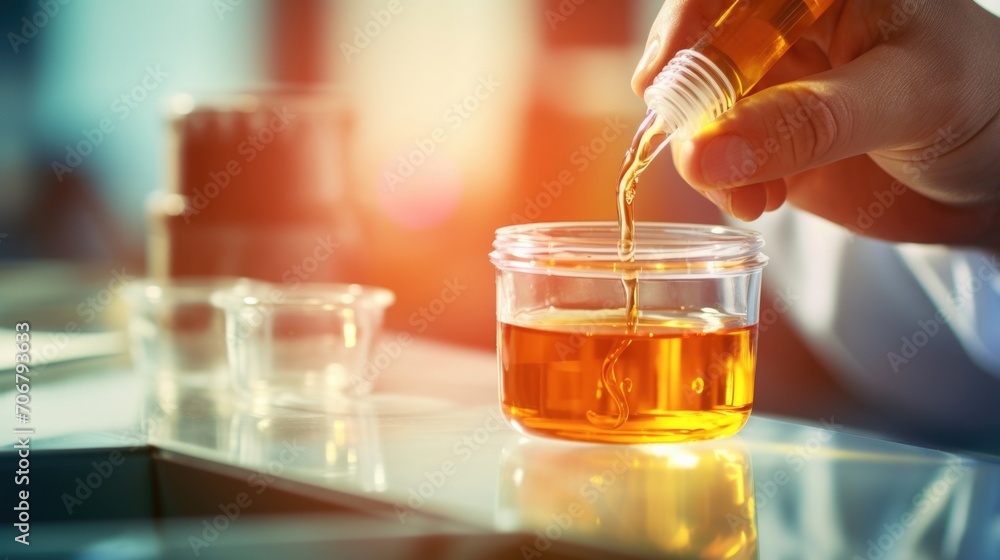Closeup of a pharmacists hand holding a small vial of liquid medicine, carefully pouring it into a measuring cup. Closeup of a pharmacists hand holding a small vial of liquid medicine, carefully pouring it into a measuring cup.