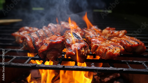korean style pork bbq grilled pork with fire photo