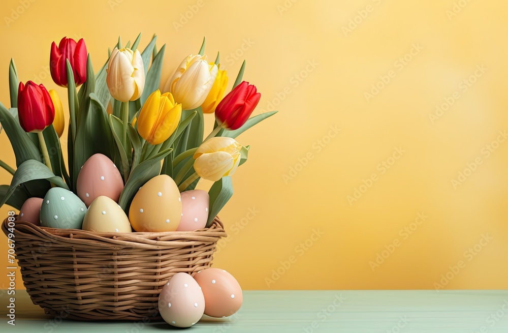 Basket with painted easter eggs, tulips, and a yellow background