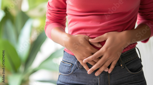 Female stomachache, problem of woman period belly pain and stress photo