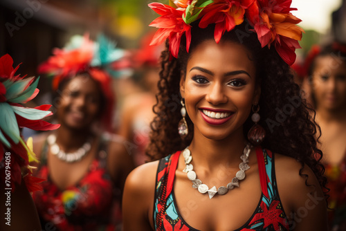 Hermosa mujer de piel morena usando una corona de flores rojas sonríe mientras disfruta del carnaval. photo