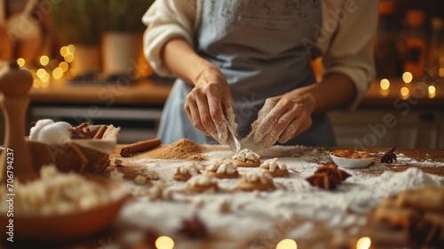 Autumn Baking Subject: A person baking autumn treats in a cozy kitchen, captured and close-up with a focus on the baking process, evoke the joy and sensory delights of autumn baking at home.