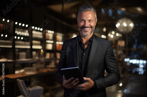 A man in a business suit with a tablet on the background of a bar