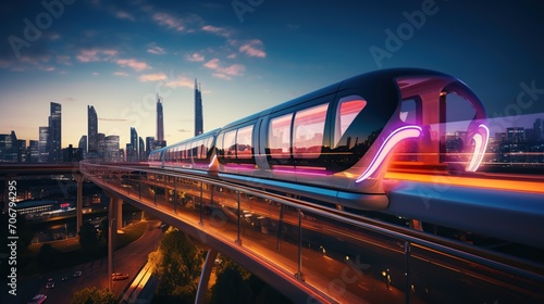 Futuristic train over the city of the future