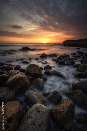 Sunset at rocky beach generative AI © AlexandraDaryl