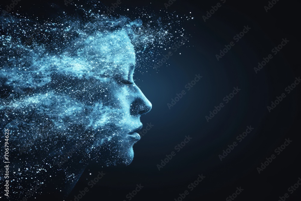 A person's face appears in the air, melting into the universe with a glowing blue hue.