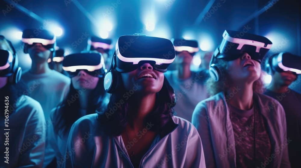 Closeup of a group of mesmerized viewers, all wearing VR headsets and seemingly transported to another dimension. Closeup of a group of mesmerized viewers, all wearing VR headsets and seemingly transported to another dimension.