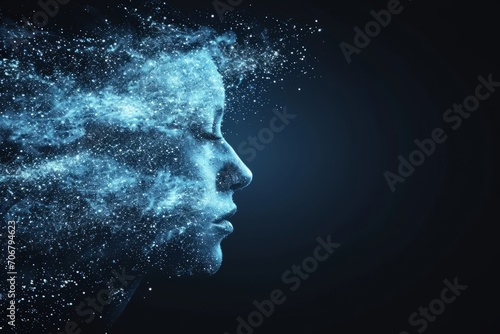 A person's face appears in the air, melting into the universe with a glowing blue hue.