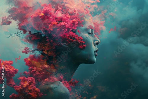A woman with red flowers in her hair presents a surreal, fantasy portrait.