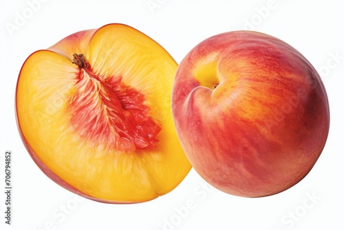 A peach cut in half is displayed on a white surface, detailed to resemble a brightly colored fruit.