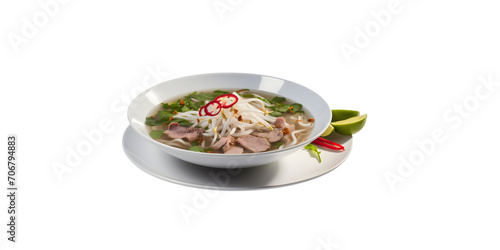 side view of Traditional Vietnamese beef soup pho fill in the bowl garnish with onion and green leaves topping in white bowl with transparent background