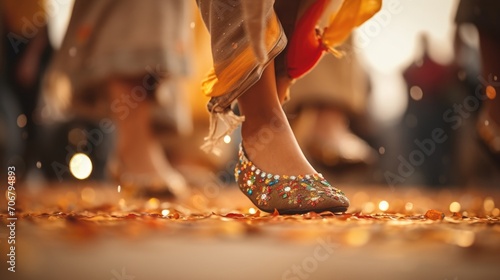 Closeup of a dancers feet as they move gracefully during a traditional cultural dance.
