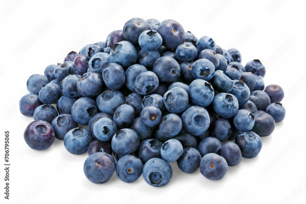 A pile of blueberries, including some on the side, is displayed on a white surface. A pile of blueberries, including some on the side, is displayed on a white surface.