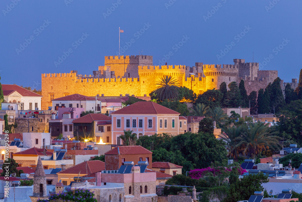 Scenic view of the historical part and the fort of Rhodes at sunset.