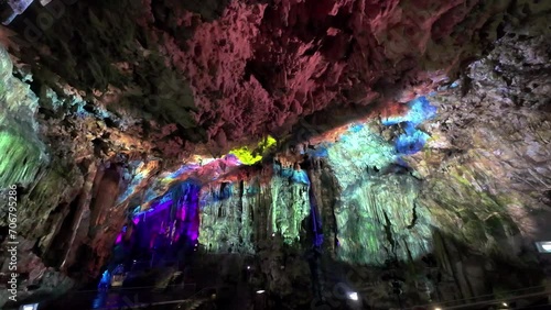 Colorful projection show in the Lower St Michael's cave in Gibraltar. Steady shot