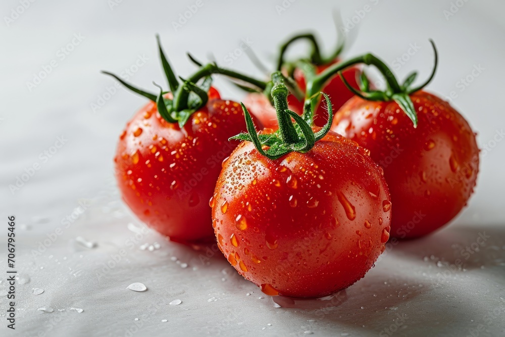 A group of tomatoes, hanging on branches, is arranged on a table. A group of tomatoes, hanging on branches, is arranged on a table.