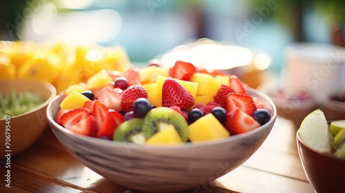 Closeup of a bowl of colorful fruit, including strawberries, kiwi, and pineapple, waiting to be turned into a refreshing smoothie.