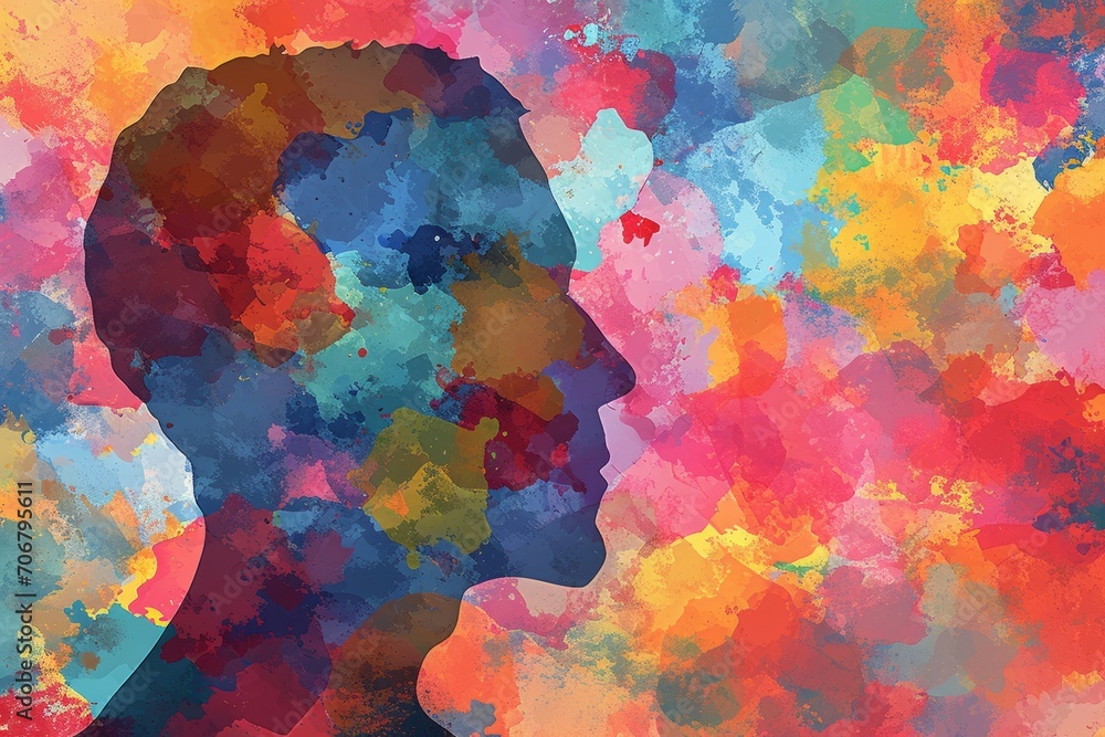 A silhouette of a man's head is depicted against a colorful background, immersed in colorful oils and vibrant digital painting.
