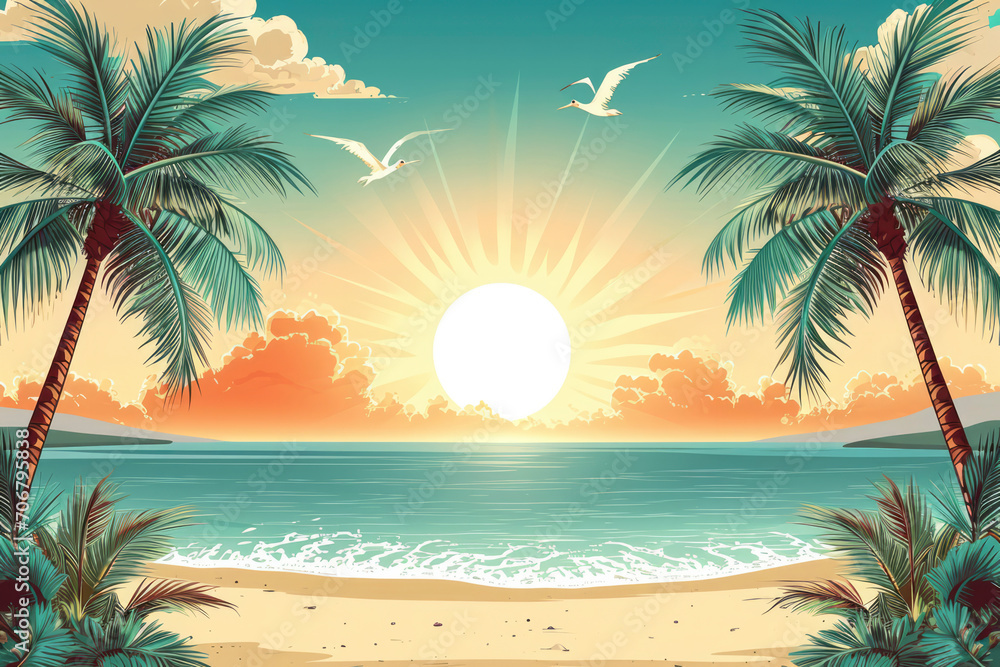 beautiful summer on tropical beach with coconut trees, sun and decorative element.