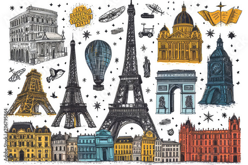 European cities symbols sketch. Hand drawn tourist collage