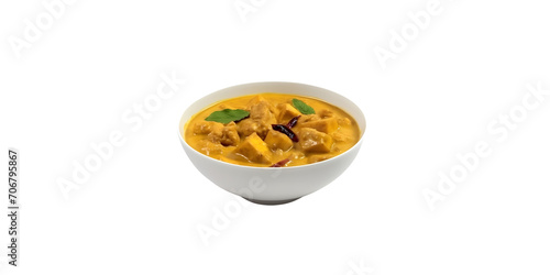 30-degree view of traditional fresh curry fill in the white bowl and garnish with green leaf with transparent background