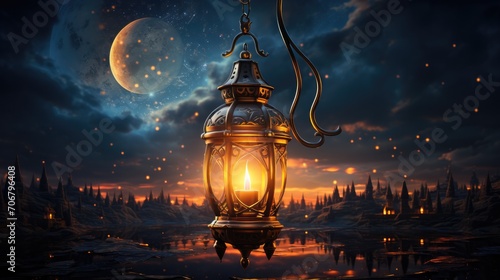 Ramadan lantern and crescent moon photo