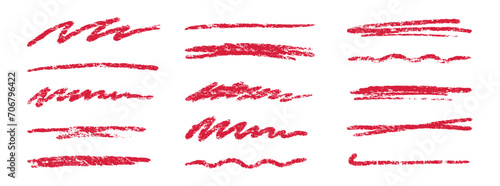 Crayon brush stroke red underline. Chalk pen highlight stroke. Vector hand drawn brush underline element set for accent, crayon texture emphasis element. Red chalk vector illustration