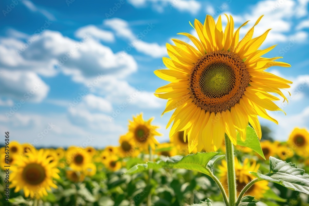 A vibrant sunflower field under a blue sky