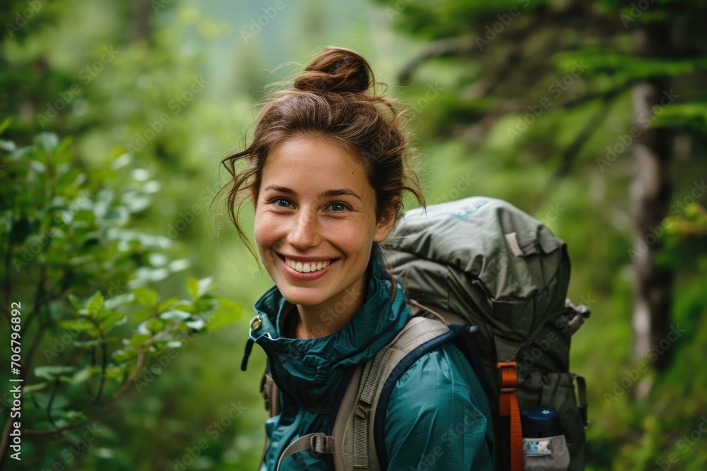 Adventurous hiker, beaming with joy, amidst a deep forest green setting. Adventurous hiker, beaming with joy, amidst a deep forest green setting.