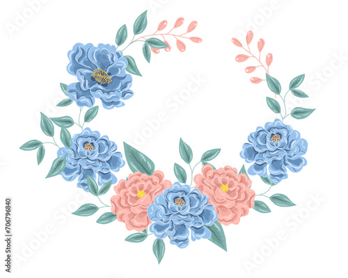 Hand Drawn Blue and Pink Rose Wreath